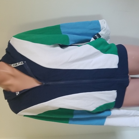 VICTORIA'S SECRET PINK zip front hoodie jacket | green, blue, white - Picture 1 of 5